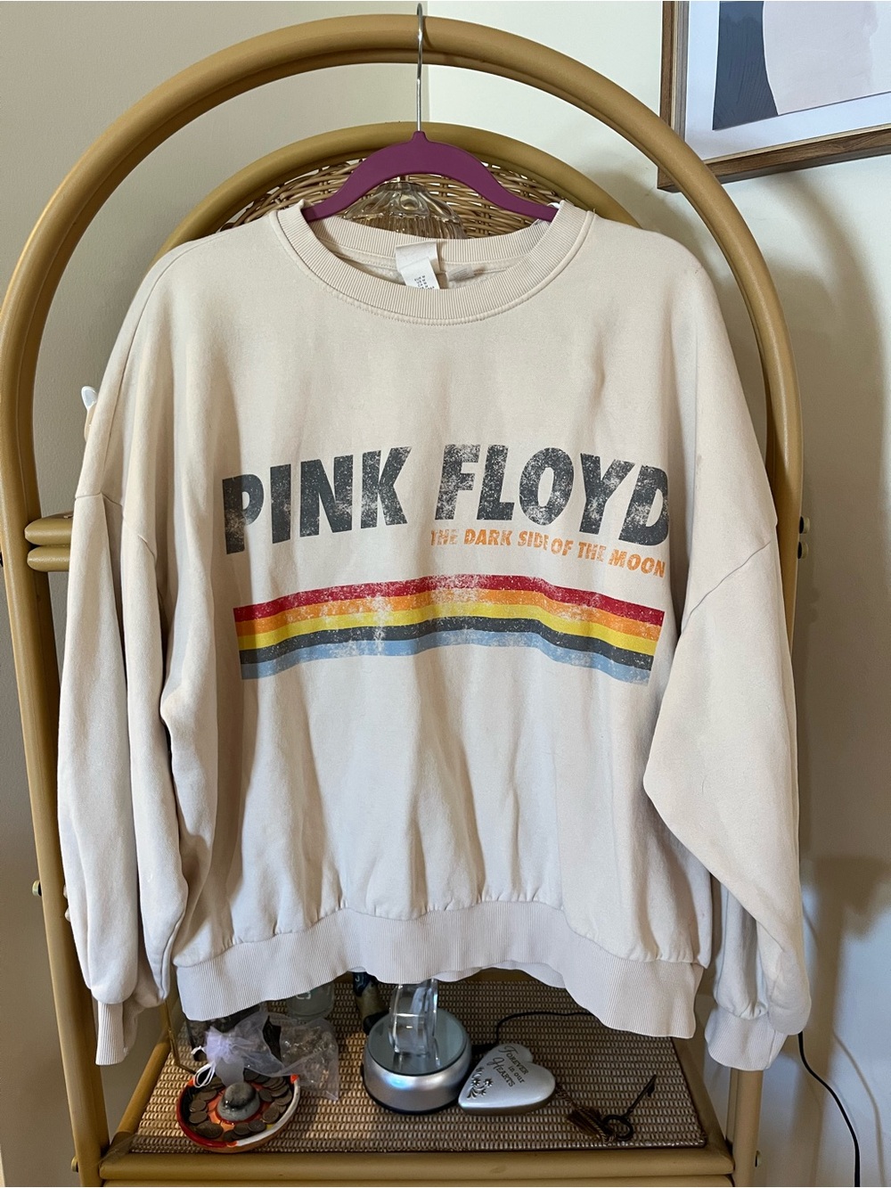 Pink Floyd Cream Crewneck Sweatshirt with Rainbow Stripe Graphic